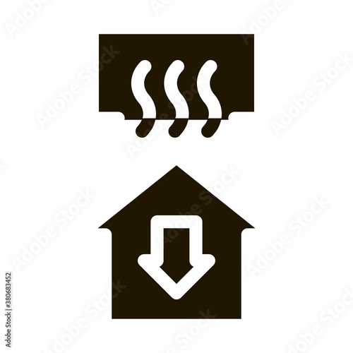 Temperature Loss House Window Arrow Down glyph icon . Cooling And Humidity, Airing, Ionisation And Heating Pictogram. Conditioning Related Monochrome Illustration