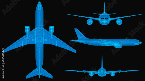 Plane 3d wireframe with thin blue lines. Aviation futuristic hologram on black background. 3d illustration