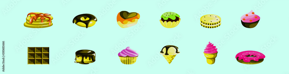 set of chocolate desserts cartoon icon design template with various models. vector illustration isolated on blue background set of chocolate desserts cartoon icon design template with various models. vector illustration isolated on blue background