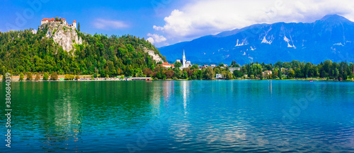 Beautiful romantic lake Bled. view with castle over the rock. Popular tourist destination in Slovenia