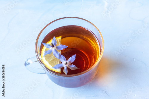 Photography Mug of black tea and borage flowers on a blue background.