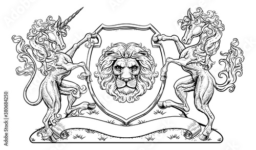 A crest coat of arms family shield seal featuring unicorn, horse and lion