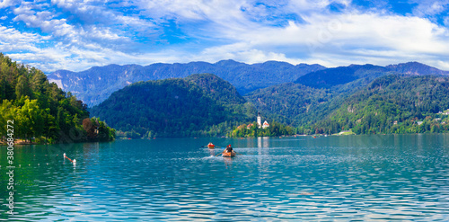 Idyllic nature scenery - beautiful magic lake Bled in Slovenia. Canoe acitivity. September 2019