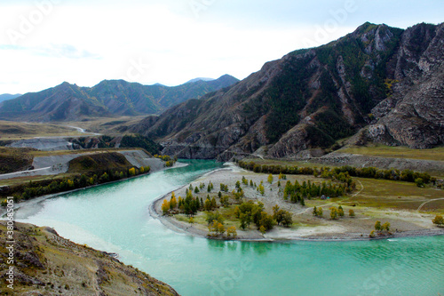 The confluence of the turquoise rivers Katun and Chuya in the Altai Republic