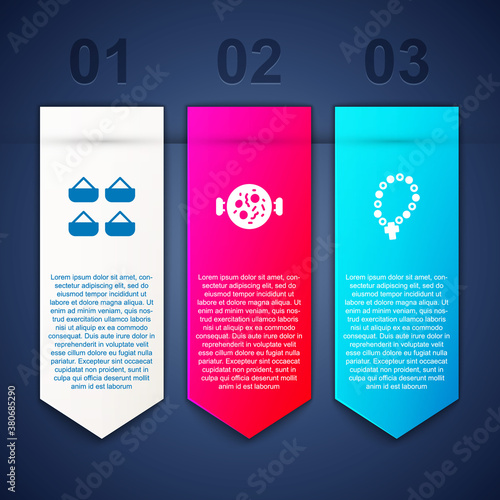 Set Indian spice, Chicken tikka masala and Rosary beads religion. Business infographic template. Vector.