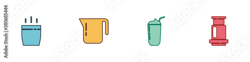 Set Coffee cup, pot, Milkshake and Aeropress coffee icon. Vector.