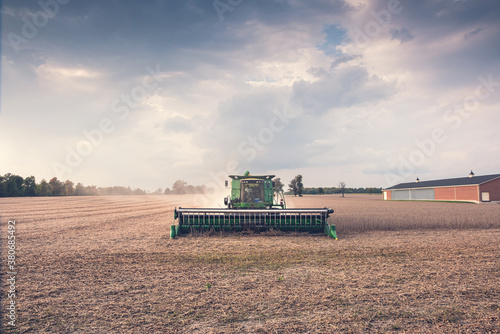 A combine finishes up a pass while harvesting a soy field just north of Toronto.