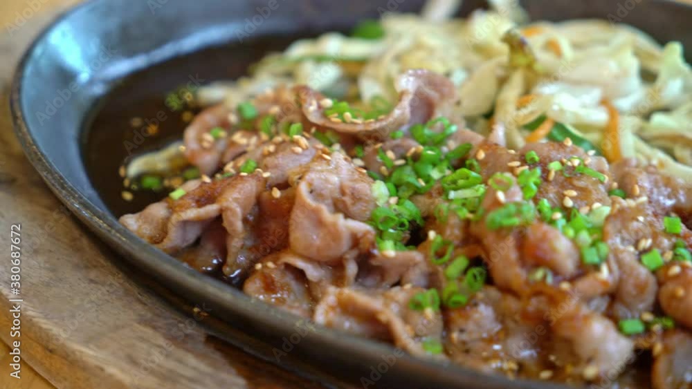 teriyaki pork in hot pan with cabbage - Japanese food style teriyaki pork in hot pan with cabbage - Japanese food style