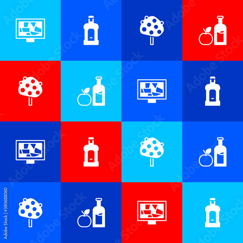 Set Picture art, Orujo, Orange tree and Apple cider bottle icon. Vector.