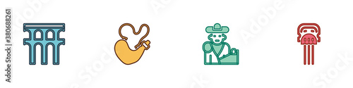 Set Aqueduct of Segovia, Spanish wineskin, Bullfight, matador and Peineta icon. Vector.