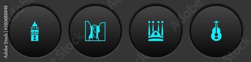 Set Giralda, Algar waterfall, Sagrada Familia and Spanish guitar icon. Vector.