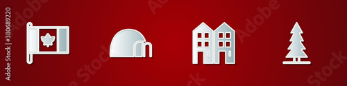 Set Flag of Canada, Igloo ice house, House and Canadian spruce icon. Vector.