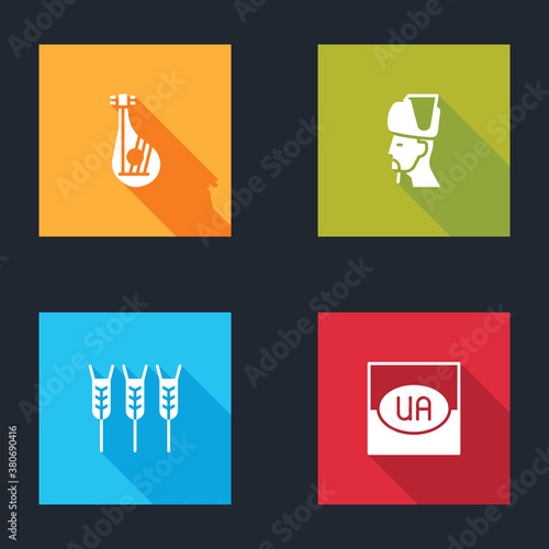 Set Bandura, Ukrainian cossack, Wheat and Flag of Ukraine icon. Vector.