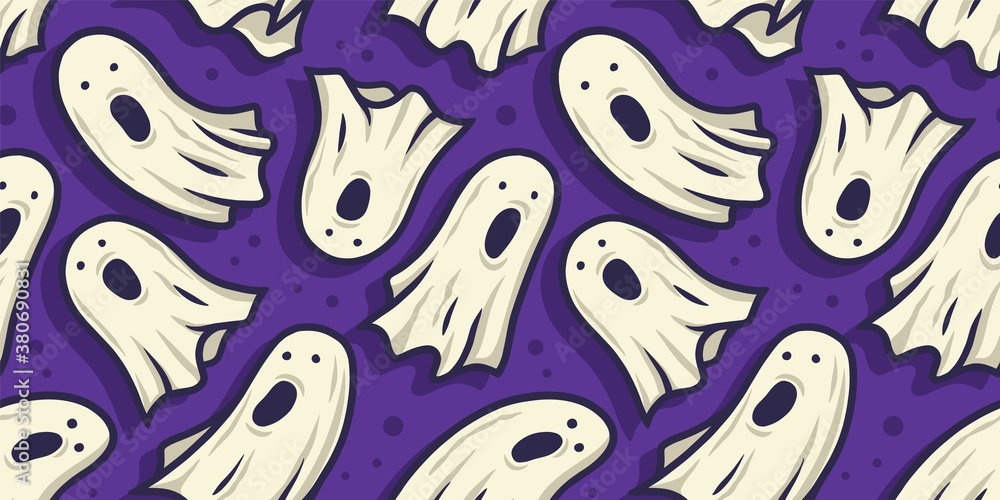Fototapeta premium Colored seamless pattern with scary horrible ghost, spirit and soul for halloween holiday design. October party banner, poster or postcard