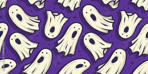 Colored seamless pattern with scary horrible ghost, spirit and soul for halloween holiday design. October party banner, poster or postcard