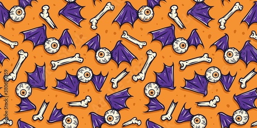 Colored seamless pattern with scary horrible eye, eyeball, bones and wings for halloween holiday design. October party banner, poster or postcard