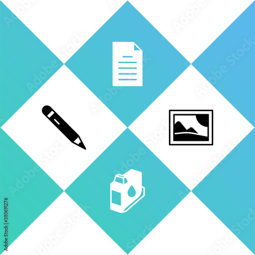 Set Pencil with eraser, Printer ink cartridge, File document and Picture landscape icon. Vector.