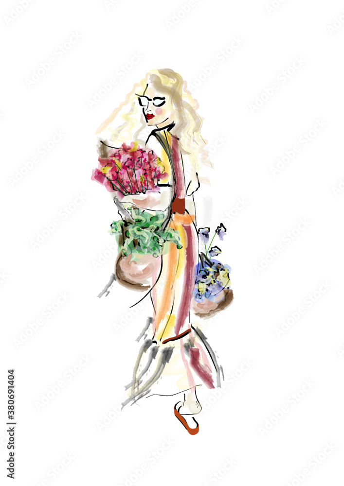 Vektor Frau Schönheit Blumen Illustration Sommer Fashion 
