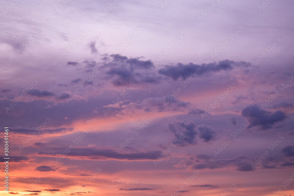 Purple sky at sunset beautiful clouds design
