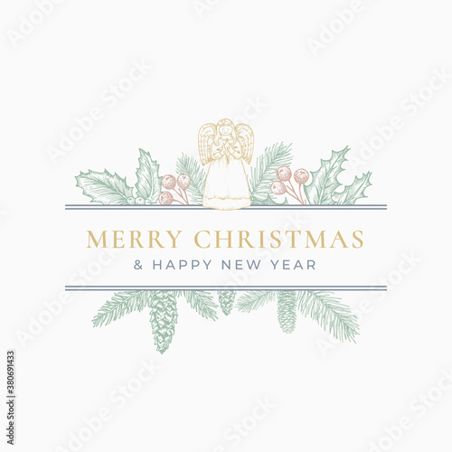 Merry Christmas Greeting Card or Label. Frame Banner with Vintage Typography and Hand Drawn Holiday Illustrations. Angel, Holly, Fir-needle and Strobile Branches. Pastel Colors Layout.