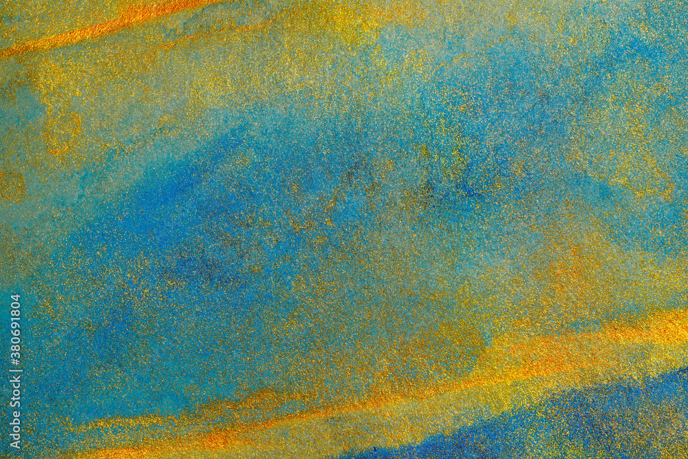 background golden with blue watercolor paint grunge stains drips on paper