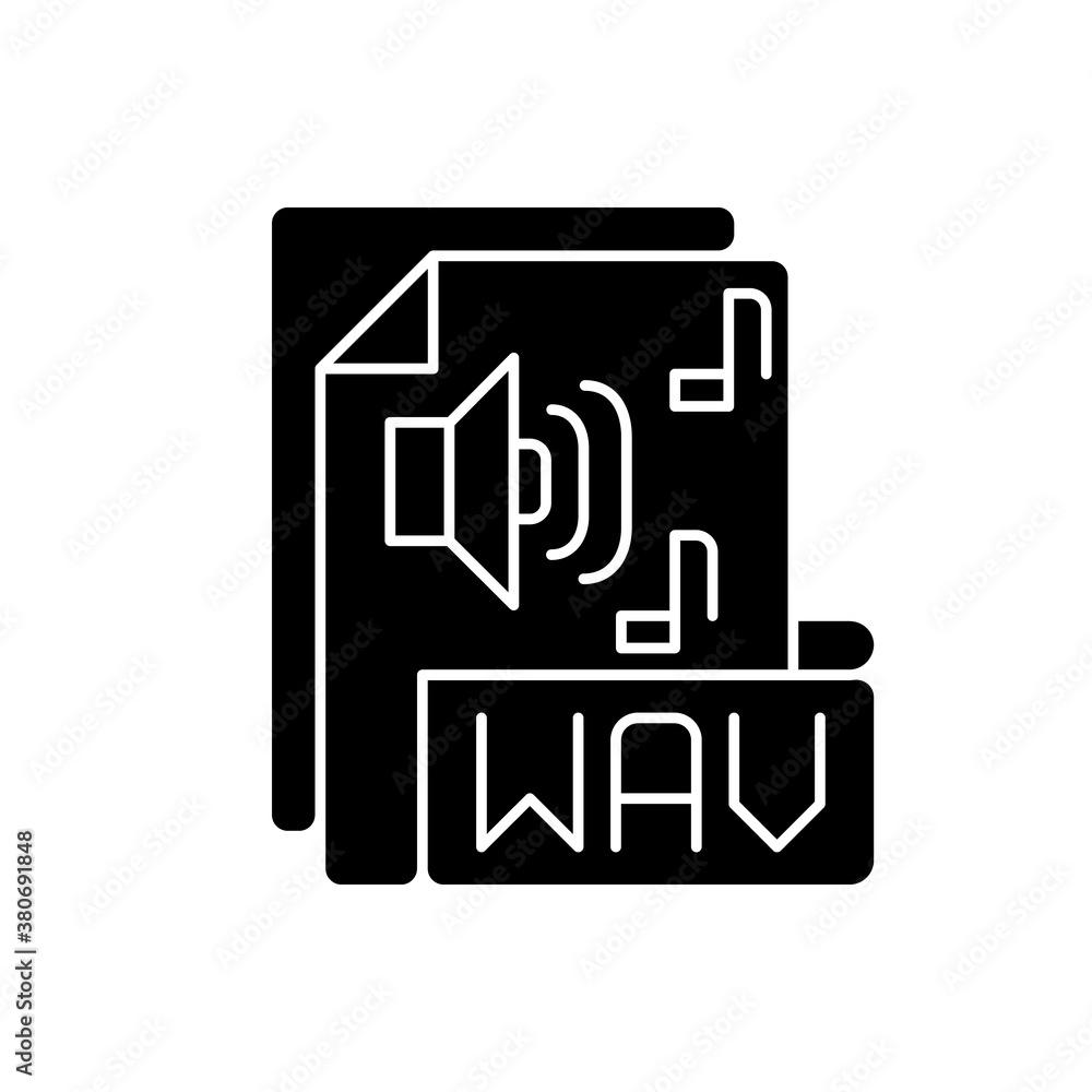 Fototapeta premium WAV file black glyph icon. Waveform audio file format. Storing data in segments. Uncompressed lossless audio. Maximum quality music. Silhouette symbol on white space. Vector isolated illustration