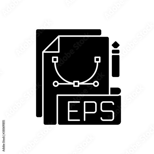 EPS file black glyph icon. Encapsulated postscript. Document format. Vector-based images. High resolution illustrations printing. Silhouette symbol on white space. Vector isolated illustration