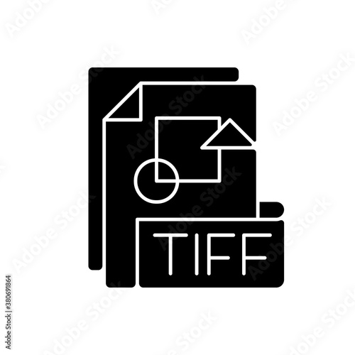 TIFF file black glyph icon. Tagged image file format. TIF. Lossless compression. Image integrity and clarity. Professional photography. Silhouette symbol on white space. Vector isolated illustration