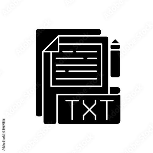 TXT file black glyph icon. File extension. Simple text editors. Information storing. Plain text without special formatting. Silhouette symbol on white space. Vector isolated illustration