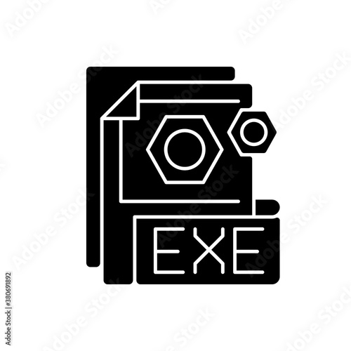 EXE file black glyph icon. File format. Common filename extension. Executable file. Computer program execution point. Software installer. Silhouette symbol on white space. Vector isolated illustration