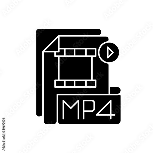 MP4 file black glyph icon. Digital multimedia container format. Video, audio and text storing. MPEG-4. High quality video. Silhouette symbol on white space. Vector isolated illustration