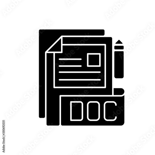 DOC file black glyph icon. Document file format. Word processing software. Formatted text, images, tables, charts. Filename extension. Silhouette symbol on white space. Vector isolated illustration