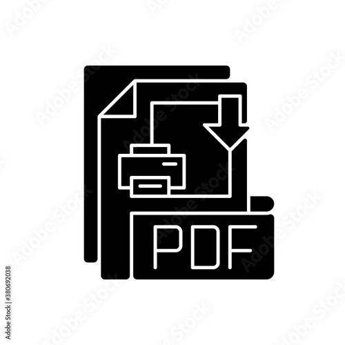PDF file black glyph icon. Portable document format. Text formatting and images, multimedia elements. File extension. Graphics. Silhouette symbol on white space. Vector isolated illustration