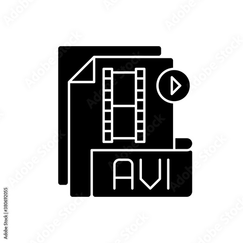 AVI file black glyph icon. Audio video interleave. Filename extension. Audio and video data. Multimedia container format. High quality. Silhouette symbol on white space. Vector isolated illustration