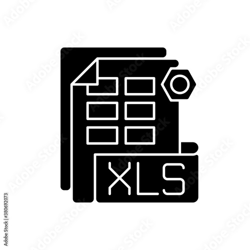 XLS file black glyph icon. Binary file format. Spreadsheet programs. Workbook files. XLSX extension. Financial data storing. Silhouette symbol on white space. Vector isolated illustration