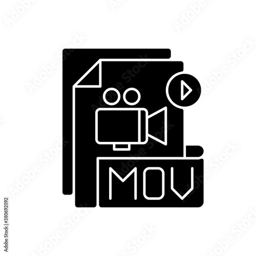 MOV file black glyph icon. MPEG-4 multimedia container file format. Videoplayer. Video data storing. Audio, timecode. Silhouette symbol on white space. Vector isolated illustration