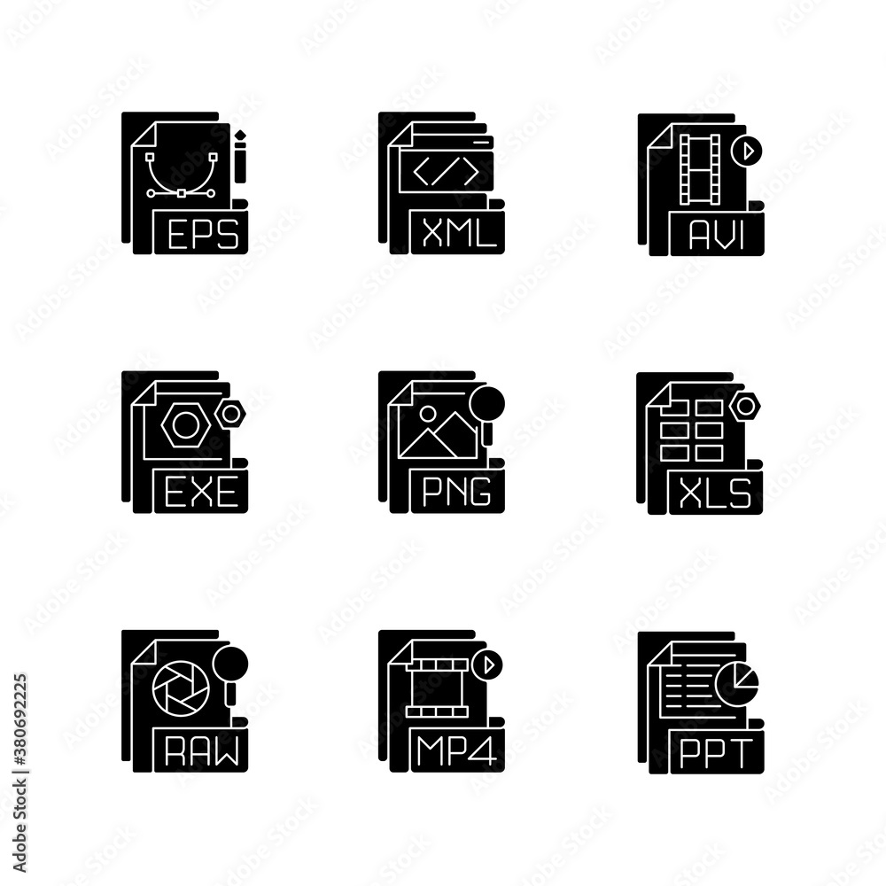 Vetor de File formats black glyph icons set on white space. Different ...
