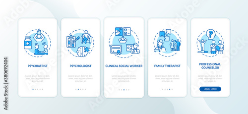 Psychotherapy professions onboarding mobile app page screen with concepts. Psychologist, family counselor walkthrough 5 steps graphic instructions. UI vector template with RGB color illustrations