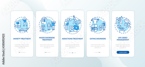 Mental issues treatment onboarding mobile app page screen with concepts. Anxiety, eating disorders walkthrough 5 steps graphic instructions. UI vector template with RGB color illustrations