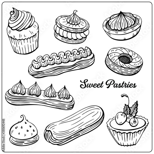 Sweet pastries Eclairs, meringues and fruit tarts. Dessert set are hand-draw vintage engraving illustration for poster, label and menu. Illustration set in graphic sketch style.