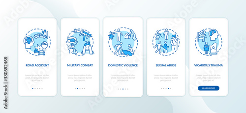 Post-traumatic stress causes onboarding mobile app page screen with concepts. Car accident, domestic abuse walkthrough 5 steps graphic instructions. UI vector template with RGB color illustrations