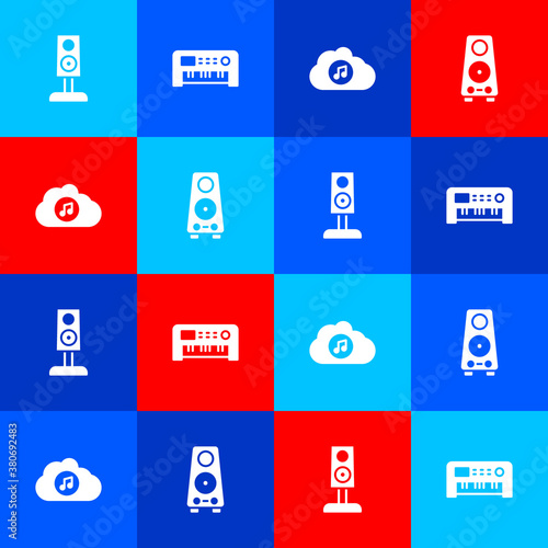 Set Stereo speaker, Music synthesizer, streaming service and icon. Vector.