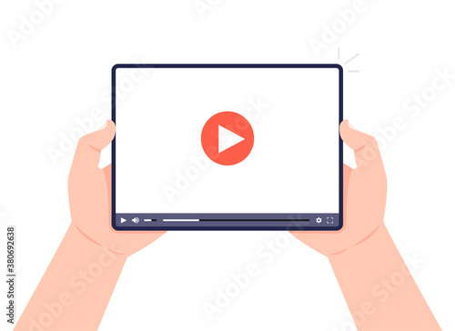 Hands holding tablet with video player on screen. Video marketing concept: tutorials, lectures, conference, webinar. Vector illustration.