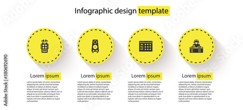Set Microphone, Stereo speaker, Drum machine and DJ playing music. Business infographic template. Vector.