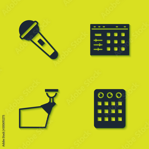 Set Microphone, Drum machine, Movie spotlight and icon. Vector.