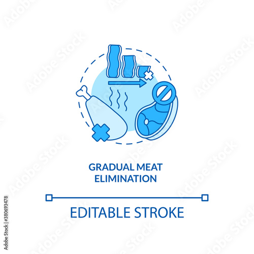 Gradual meat elimination concept icon. No meat in cooking meals. Healthy culinary. Becoming a vegetarian tips idea thin line illustration. Vector isolated outline RGB color drawing. Editable stroke