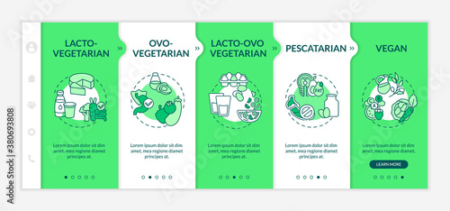 Types of vegetarian diets onboarding vector template. Healthy eating ideas. Organic foods. Responsive mobile website with icons. Webpage walkthrough step screens. RGB color concept