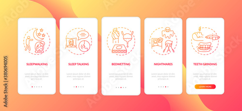 Sleep problems red gradient onboarding mobile app page screen with concepts. Healthcare issue. Sleep disorders walkthrough 5 steps graphic instructions. UI vector template with RGB color illustrations
