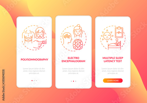 Daytime nap study red gradient onboarding mobile app page screen with concepts. Medical examination walkthrough 3 steps graphic instructions. UI vector template with RGB color illustrations