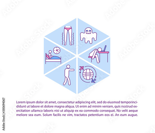 Sleep problems concept icon with text. Different parasomnias and sleeplessness causes. PPT page vector template. Brochure, magazine, booklet design element with linear illustrations